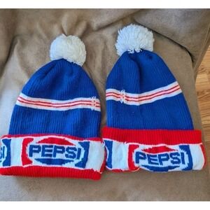 2 Vintage Pepsi Knitted Winter Ski Caps Hats Advertising Pom Pom Rare Design!